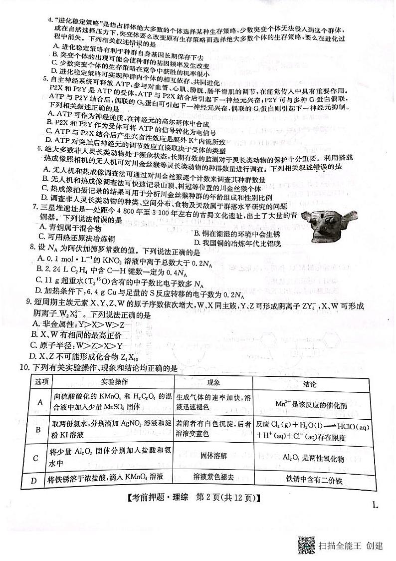 河南省郑州市九师联盟2023届高三下学期考前押题卷（老教材）理综+PDF版无答案02