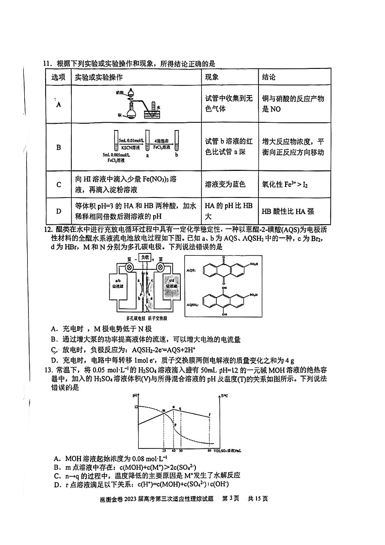 2023届广西邕衡金卷高考第三次适应性考试理综试卷03