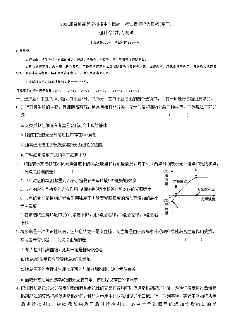 2023届河南省名校青桐鸣大联考高三4月联考理科综合试题第1页