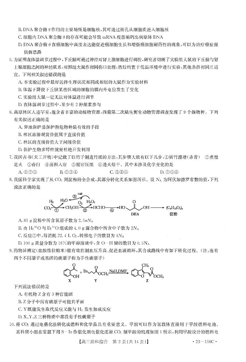 2023届河南省新乡市高三上学期第一次模拟考试理科综合试题02