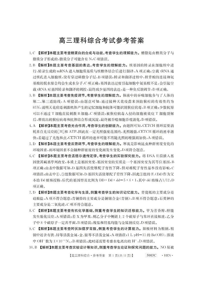 2023届河南省名校联考高三下学期5月最终模拟 理综答案第1页