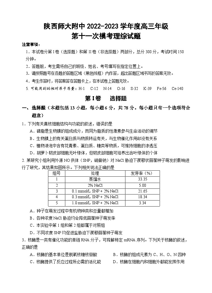 陕西师大附中2022-2023学年度高三年级 第十一次模考 理综 试卷01