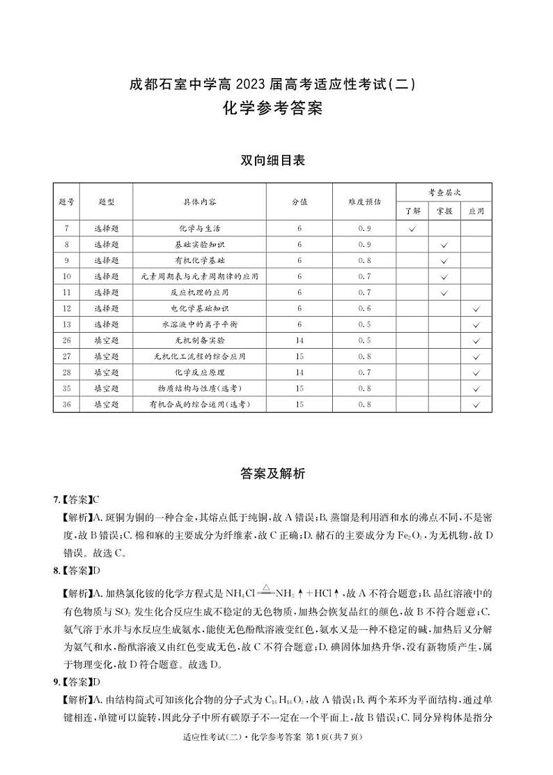 化学参考答案第1页