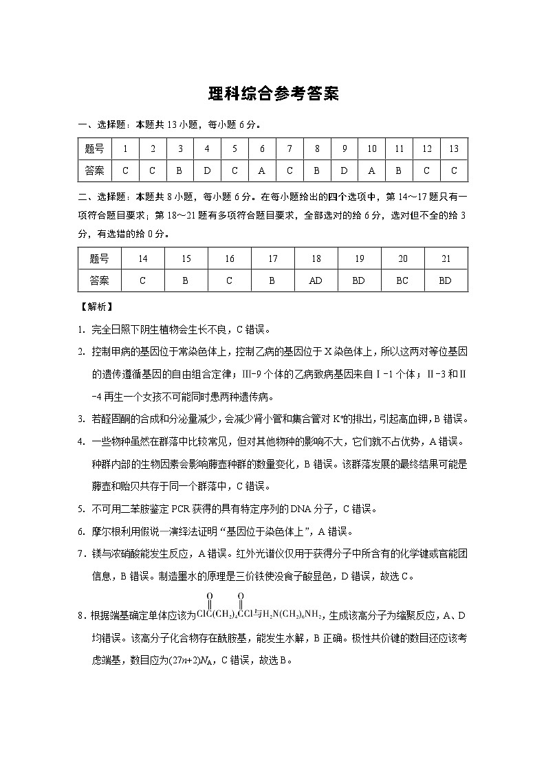 云南师范大学附属中学2023届高三第九次高考适应性月考（云南版）理综01
