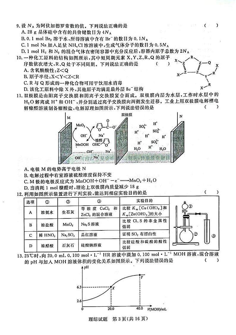 2023届河南省名校青桐鸣高三5月大联考理科综合 试卷03