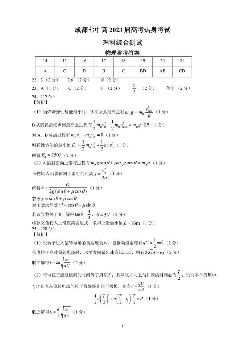 四川省成都市第七中学2023届高三下学期热身考试理科综合答案第1页
