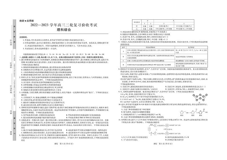 稳派2023届4月二轮复习验收4月联考理综试卷第1页