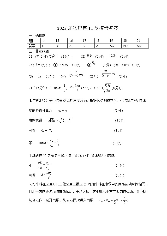 陕西师大附中2022-2023学年度高三年级第十一次模考理综物理答案第1页