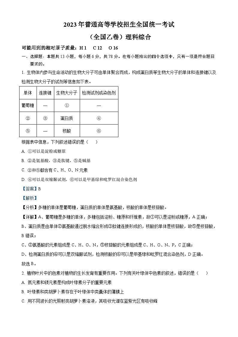 2023年高考真题——理综（全国乙卷） Word版解析版01