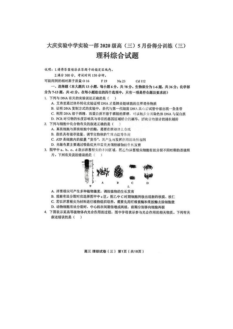 2023省大庆实验中学高三下学期5月得分训练（三）理综试题扫描版含答案第1页
