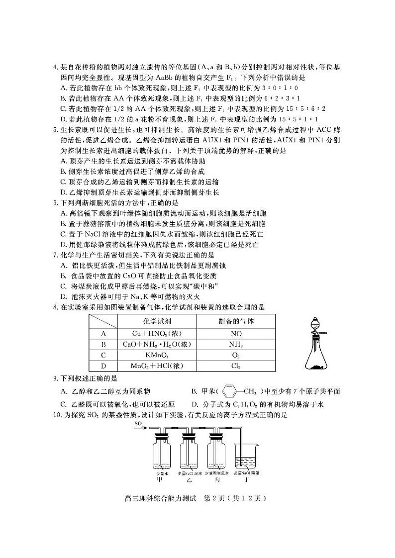 四川省乐山市2023届高三上学期第一次调查研究考试理科综合试卷+答案02