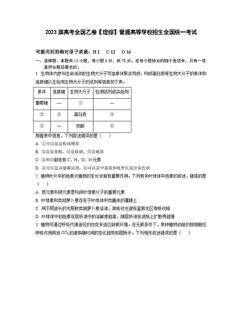 2023届高考全国乙卷【理综】普通高等学校招生全国统一考试（含解析）01