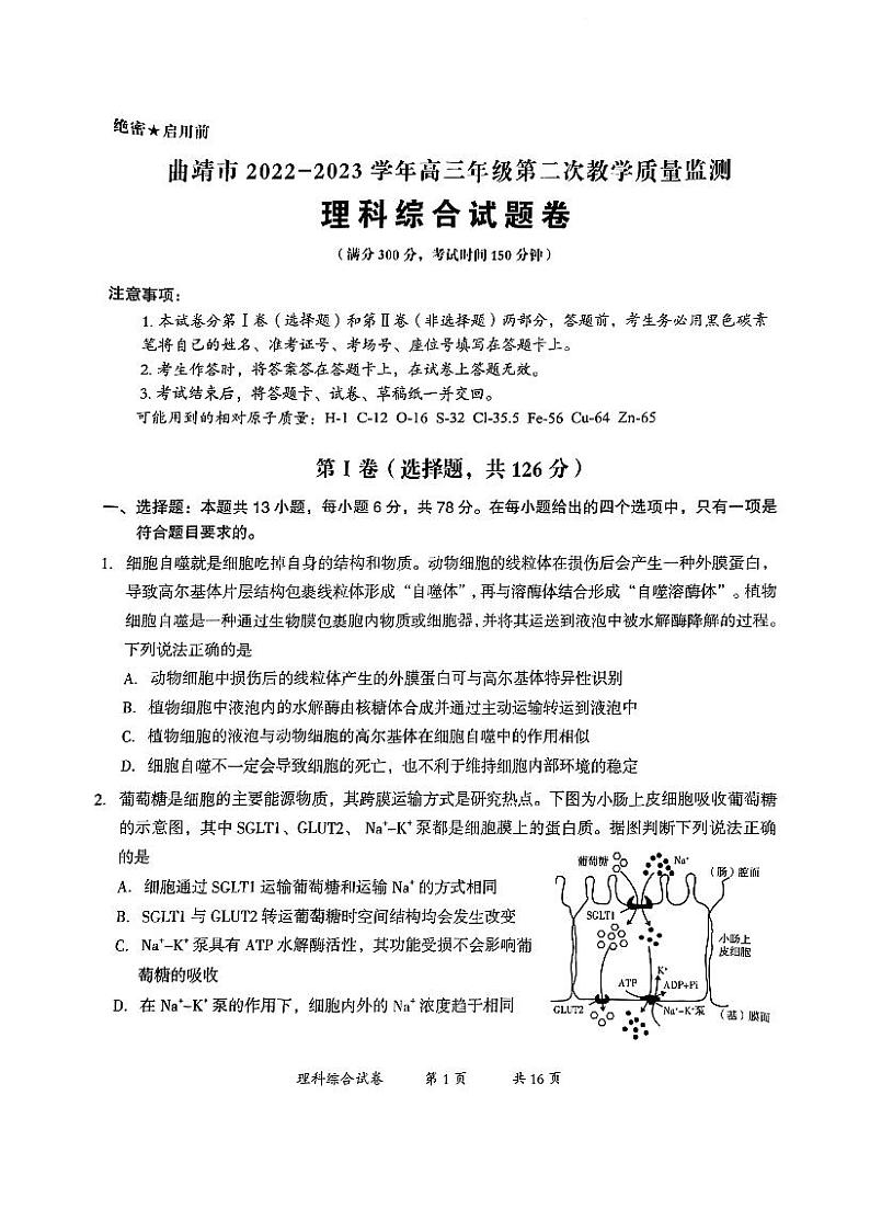 2023届云南省曲靖市下学期第二次教学质量检测（二模）理综PDF版含答案01
