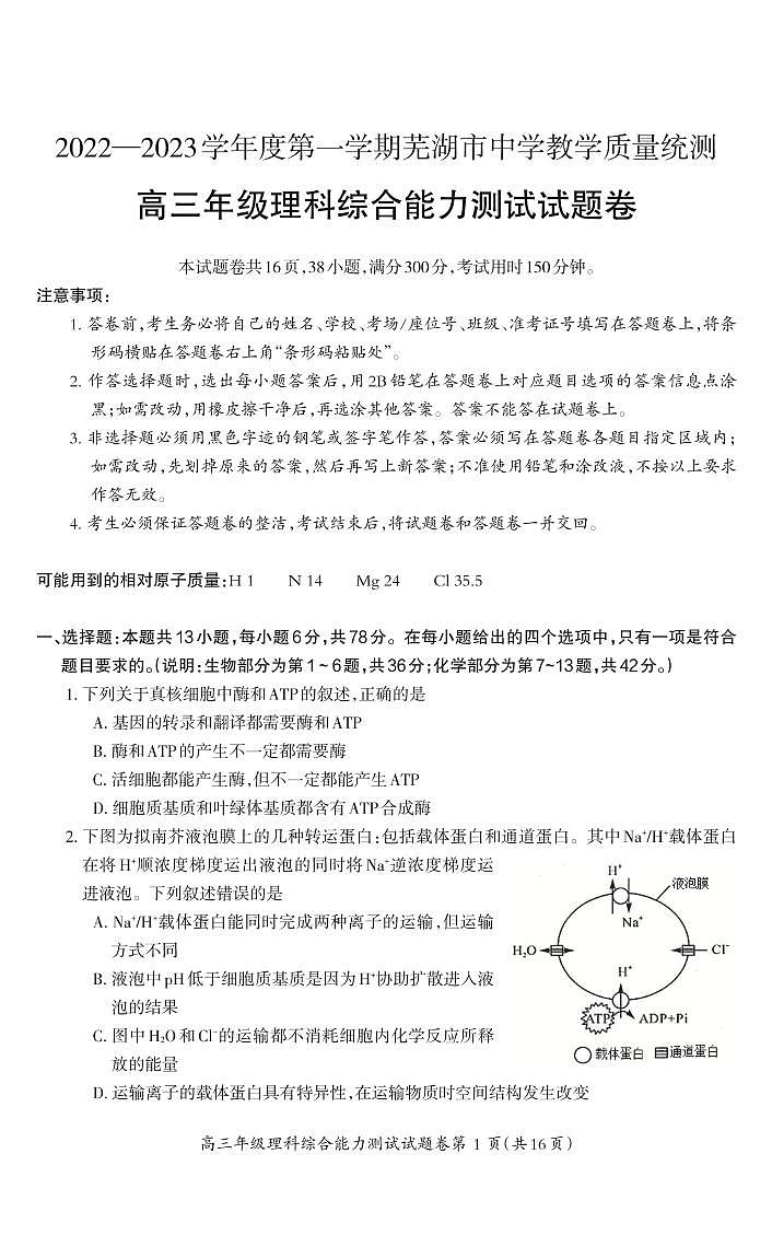 安徽省芜湖市2023届高三上学期期末教学质量统测理科综合试卷+答案01