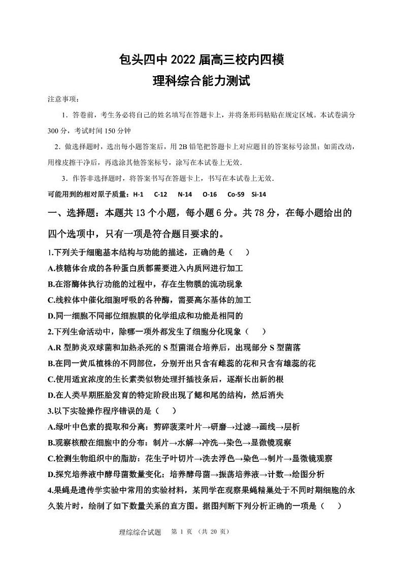 2022届内蒙古包头市重点中学高考模拟（四）理科综合试题01