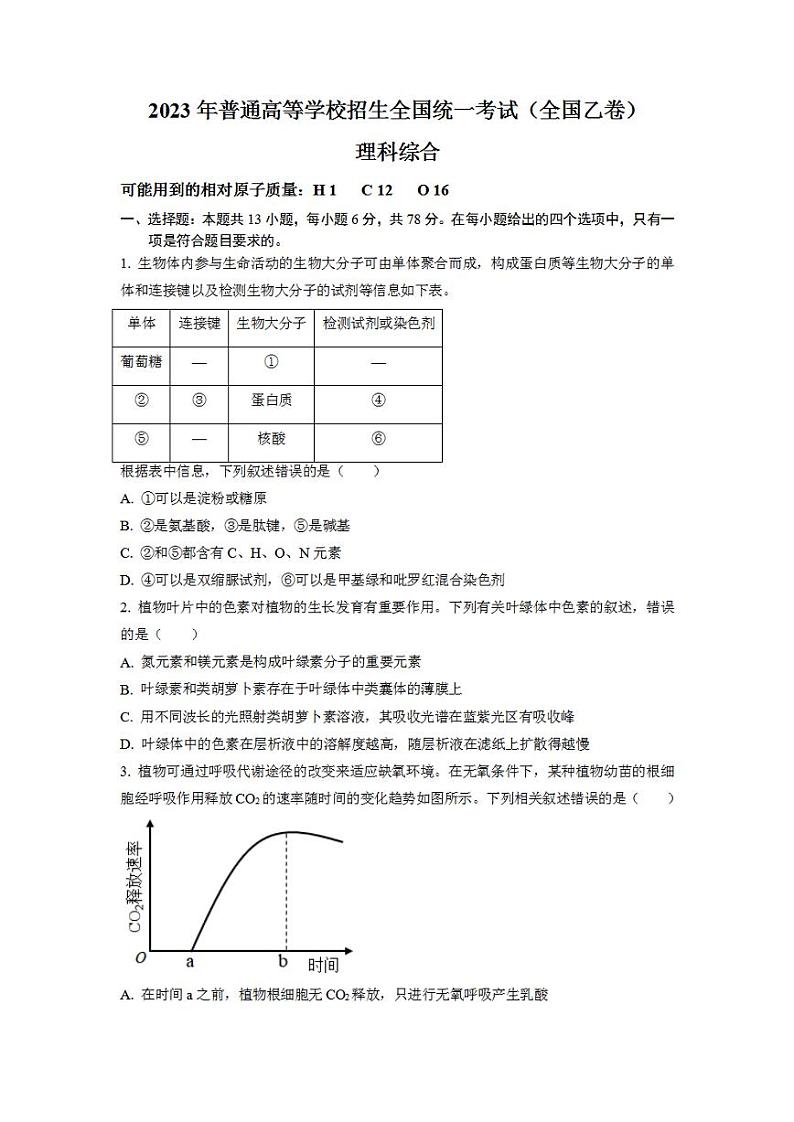 2023年高考真题——理综（全国乙卷）含答案01