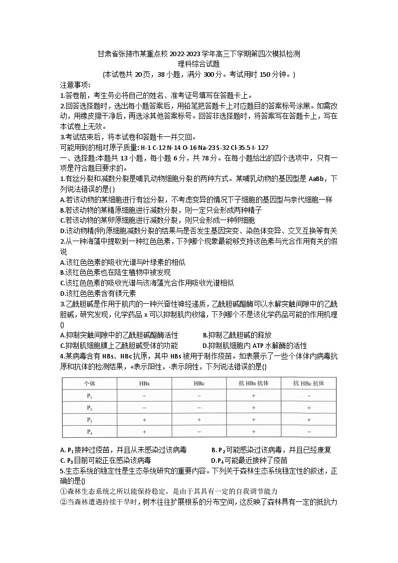 甘肃省张掖市某重点校2022-2023学年高三下学期第四次模拟检测理科综合试题第1页