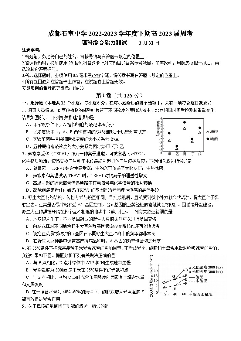 2022-2023学年四川省成都市石室中学高三下学期周考（3月31日）理综试题01