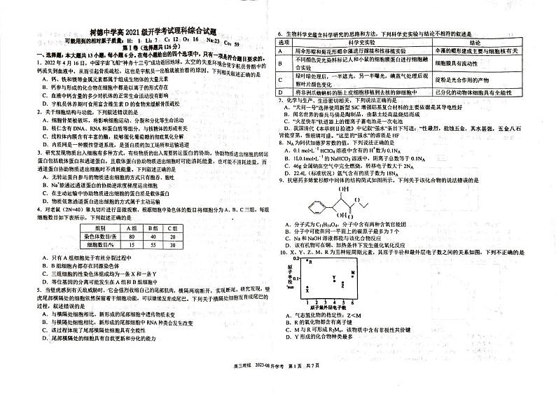 四川省成都市树德中学2023-2024学年高三上学期开学考试理科综合试题第1页