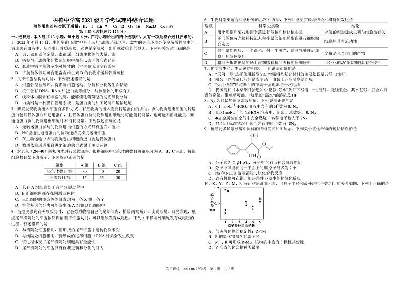 2024届四川省成都市树德中学高三上学期开学考试 理综 PDF版第1页
