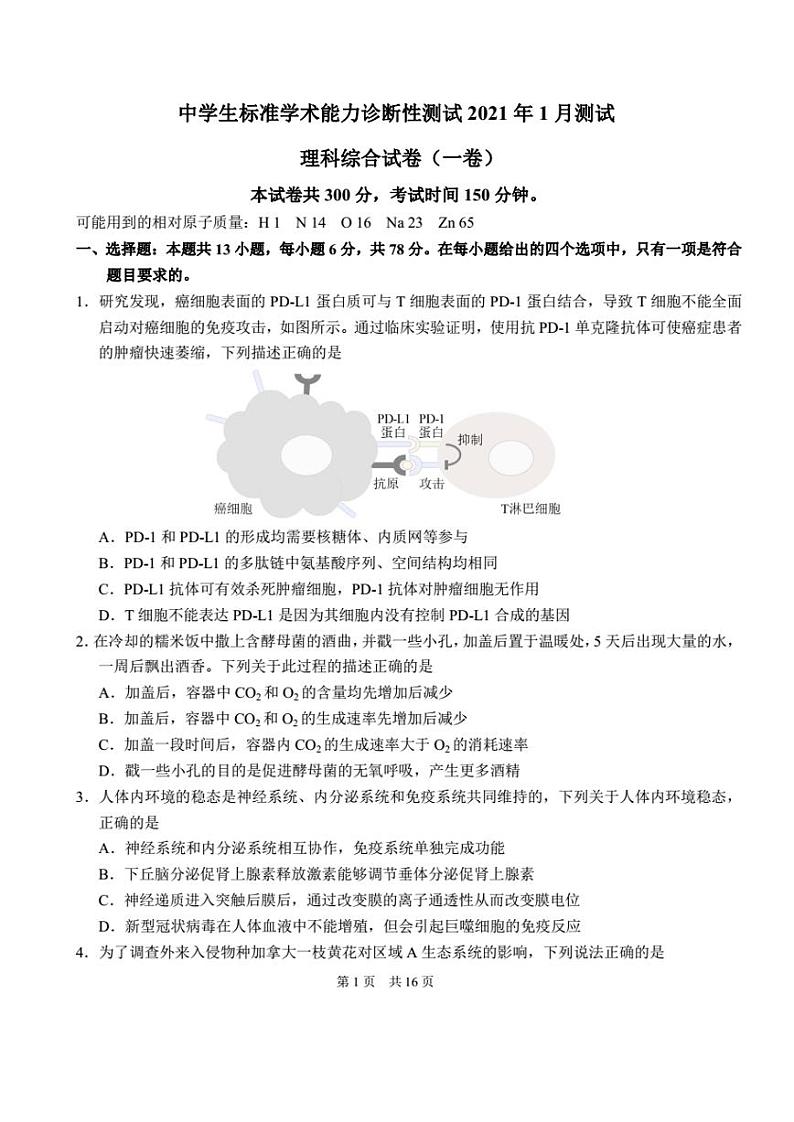 2021届中学生标准学术能力诊断性测试THUSSAT高三上学期1月诊断性测试理科综合试卷（一卷） PDF版第1页