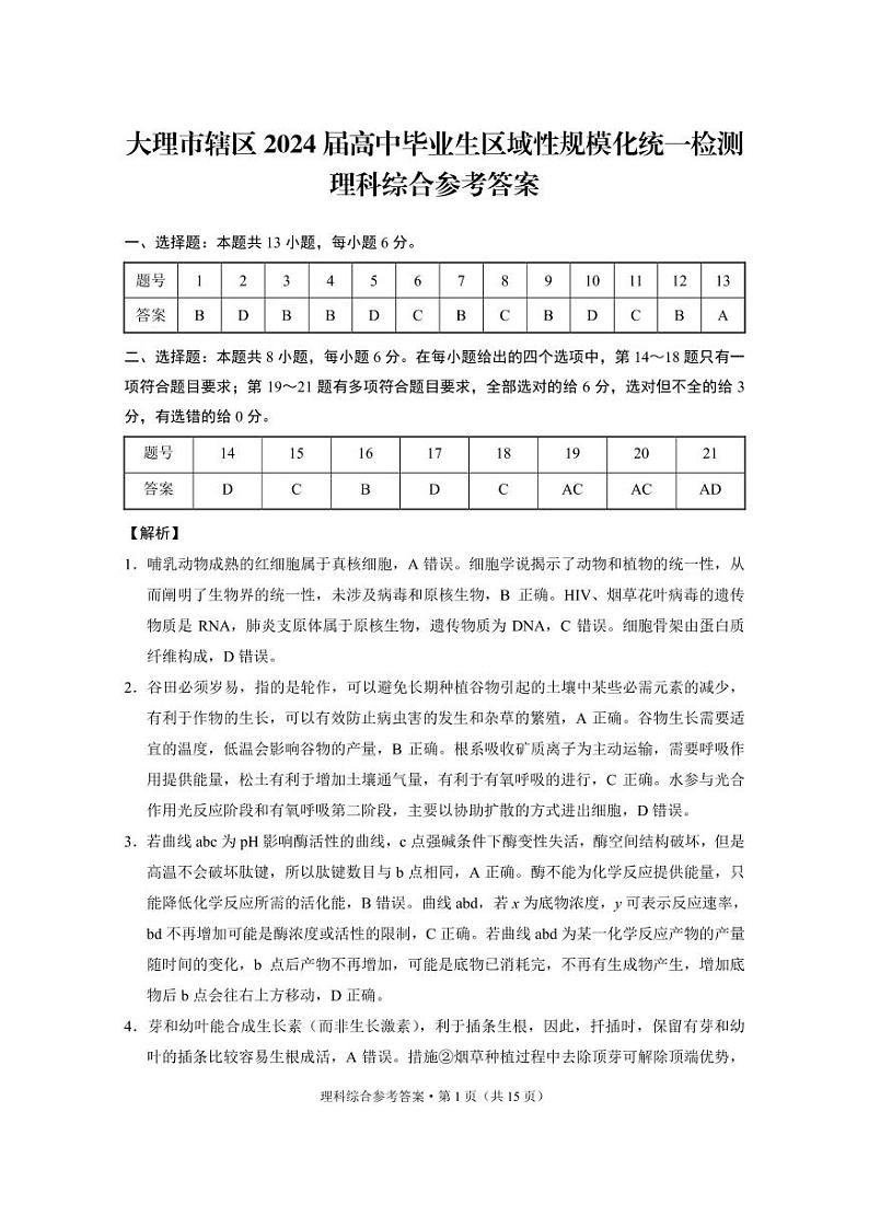 云南大理市辖区2023-2024学年高三上学期毕业生区域性规模化统一检测 理综答案和解析第1页