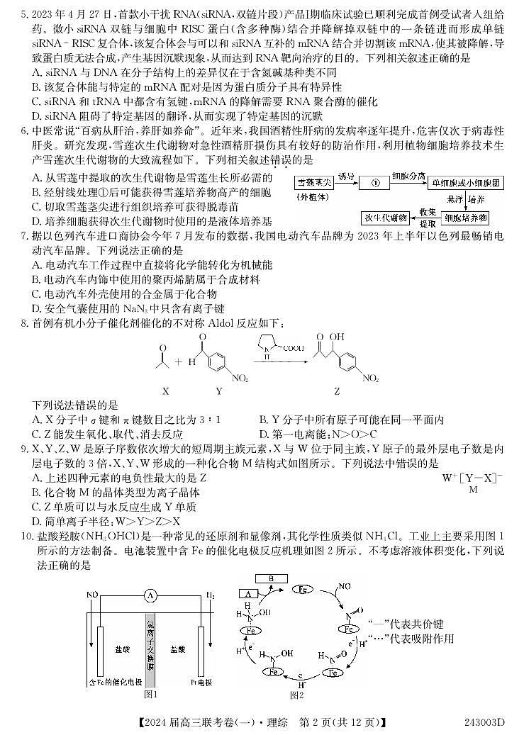 云南民族大学附属高级中学2024届高三上学期联考（一）理综第2页