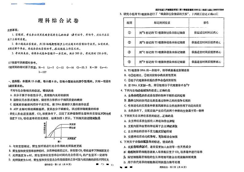 2024云南师大附中高三上学期高考适应性月考卷（四）理综PDF版无答案第1页