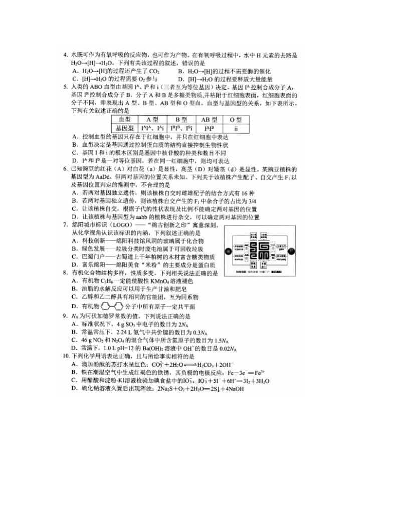 四川绵阳2024高三10月一诊考试理综试题及答案解析02