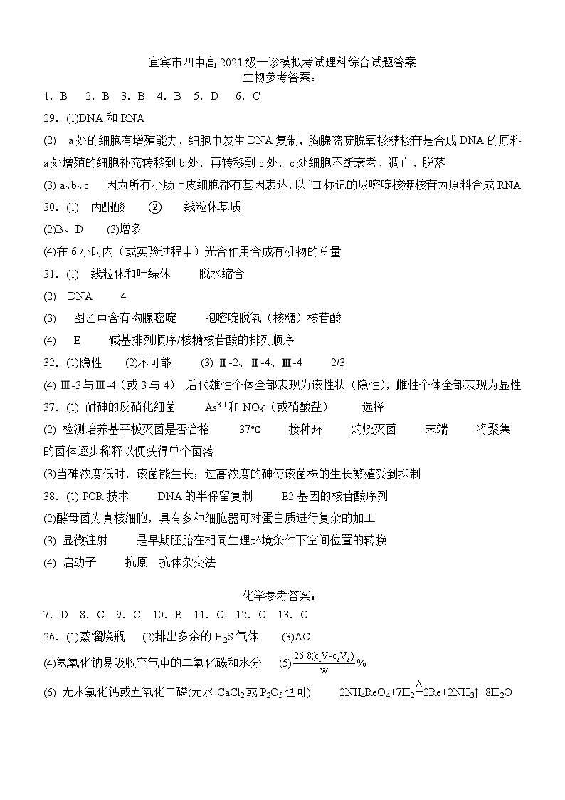 2024届四川省宜宾市第四中学高三上学期一诊模拟考试 理综01