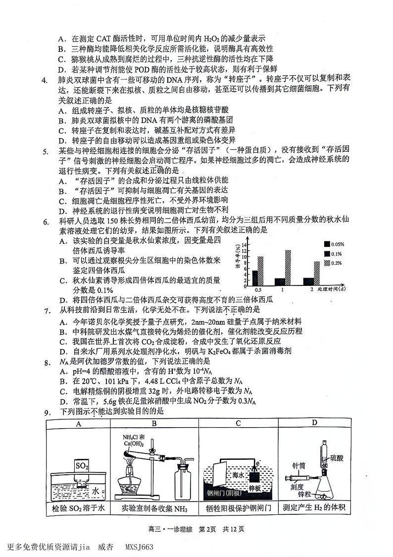2024届四川省泸州市高三上学期第一次教学质量诊断性考试（一模）理综试题02