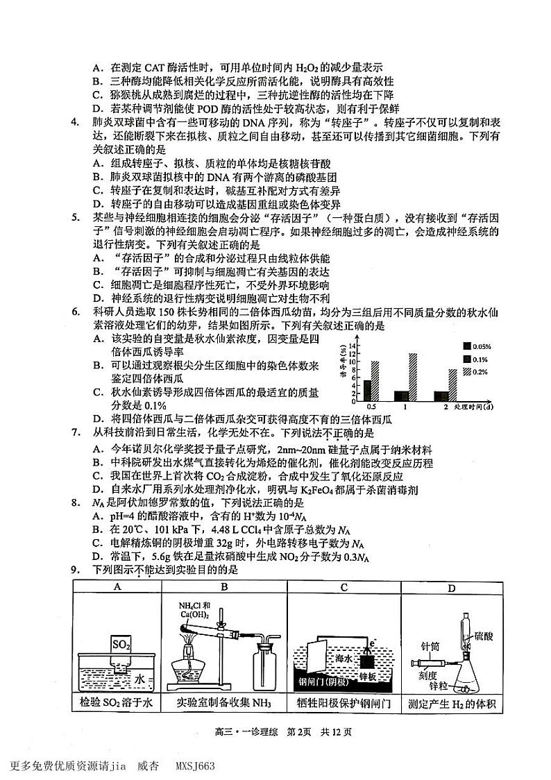2024届四川省泸州市高三上学期第一次教学质量诊断性考试（一模）理综试题02