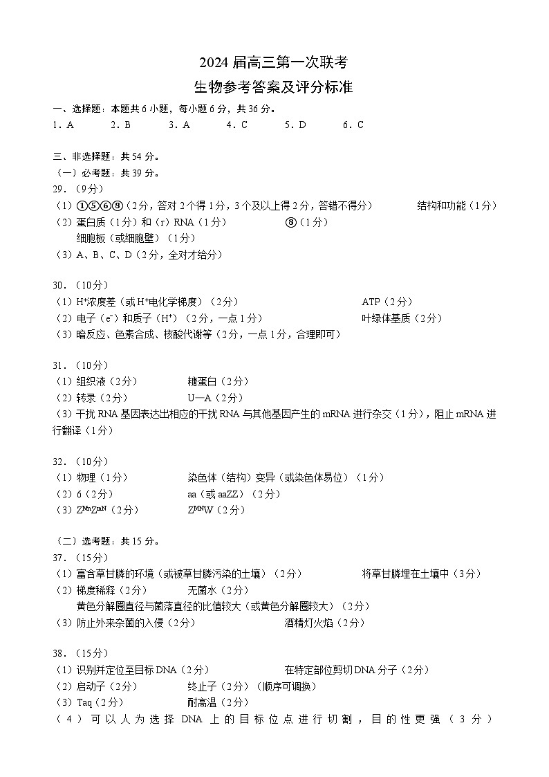 四川省容城名校联盟2024届高三第一次联考理科综合生物参考答案及评分标准第1页