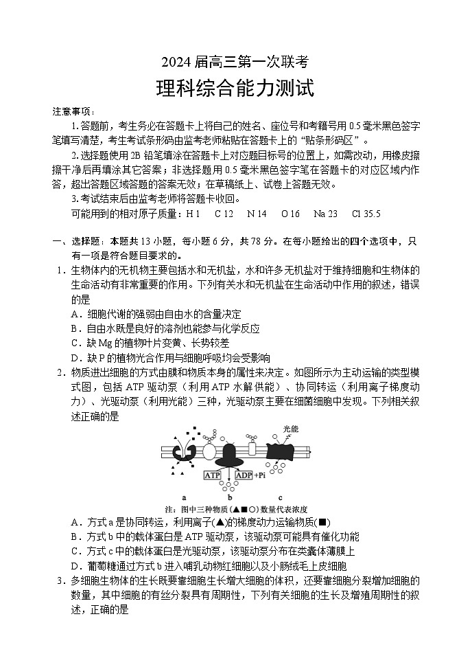 四川省容城名校联盟2024届高三第一次联考理科综合能力测试试题第1页