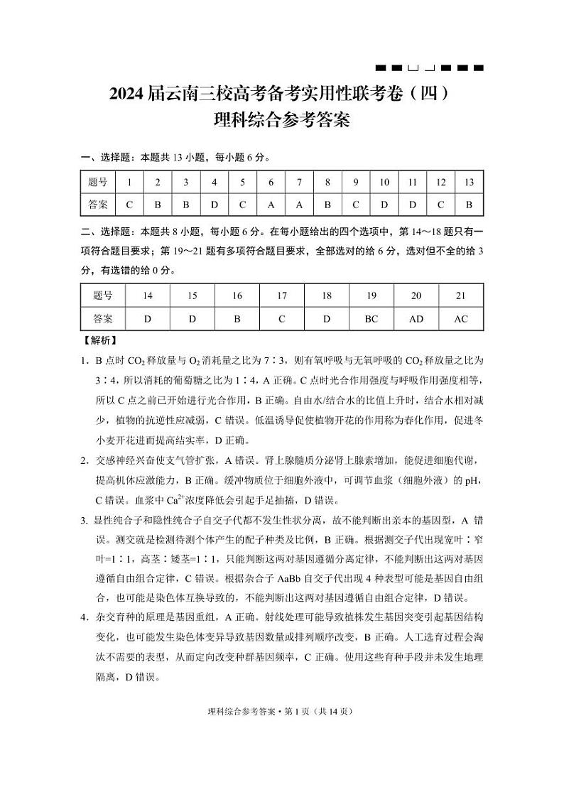 2024云南省三校高三上学期高考备考实用性联考（四）理综PDF版含答案、答题卡01