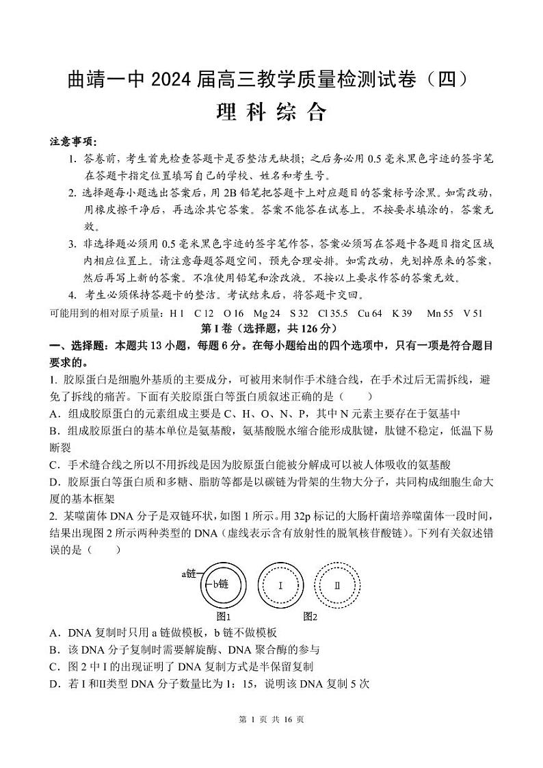 2024曲靖一中高三上学期第四次月考试题理综PDF版含答案01