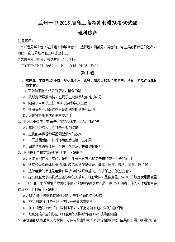 兰州一中高三冲刺理综试题及答案01