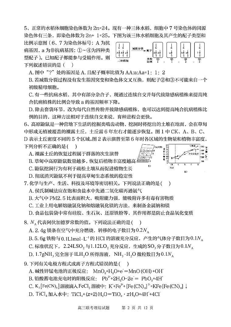 陕西省宝鸡实验高级中学2024届高三上学期12月联考理综第2页