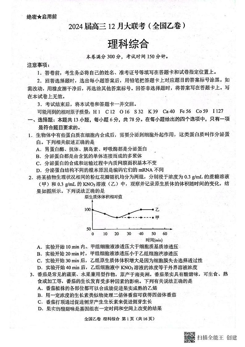 2024届高三12月月考理科综合试题第1页