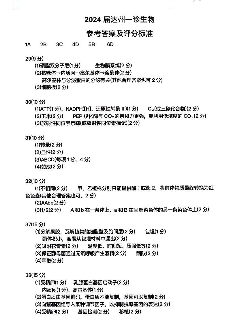 【全国甲卷】2024届四川省达州市普通高中高三上学期第一次诊断性考试理科综合01