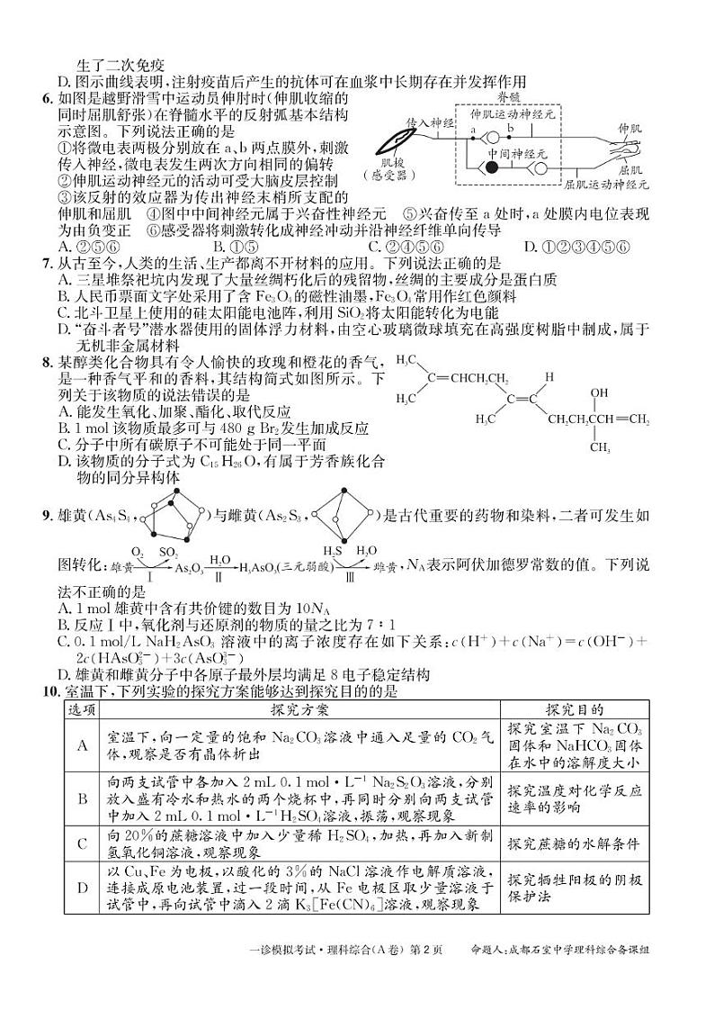 2024届四川省成都市石室中学高三上学期一诊模拟考试理科综合试卷02
