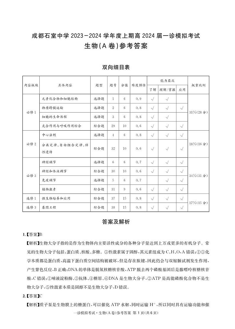 四川省成都市石室中学2024届高三上学期一诊模拟考试理综01