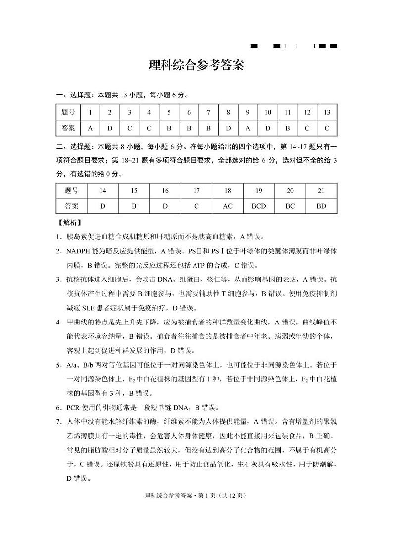 云南师范大学附属中学2024届高三上学期高考适应性月考卷（六）理综01