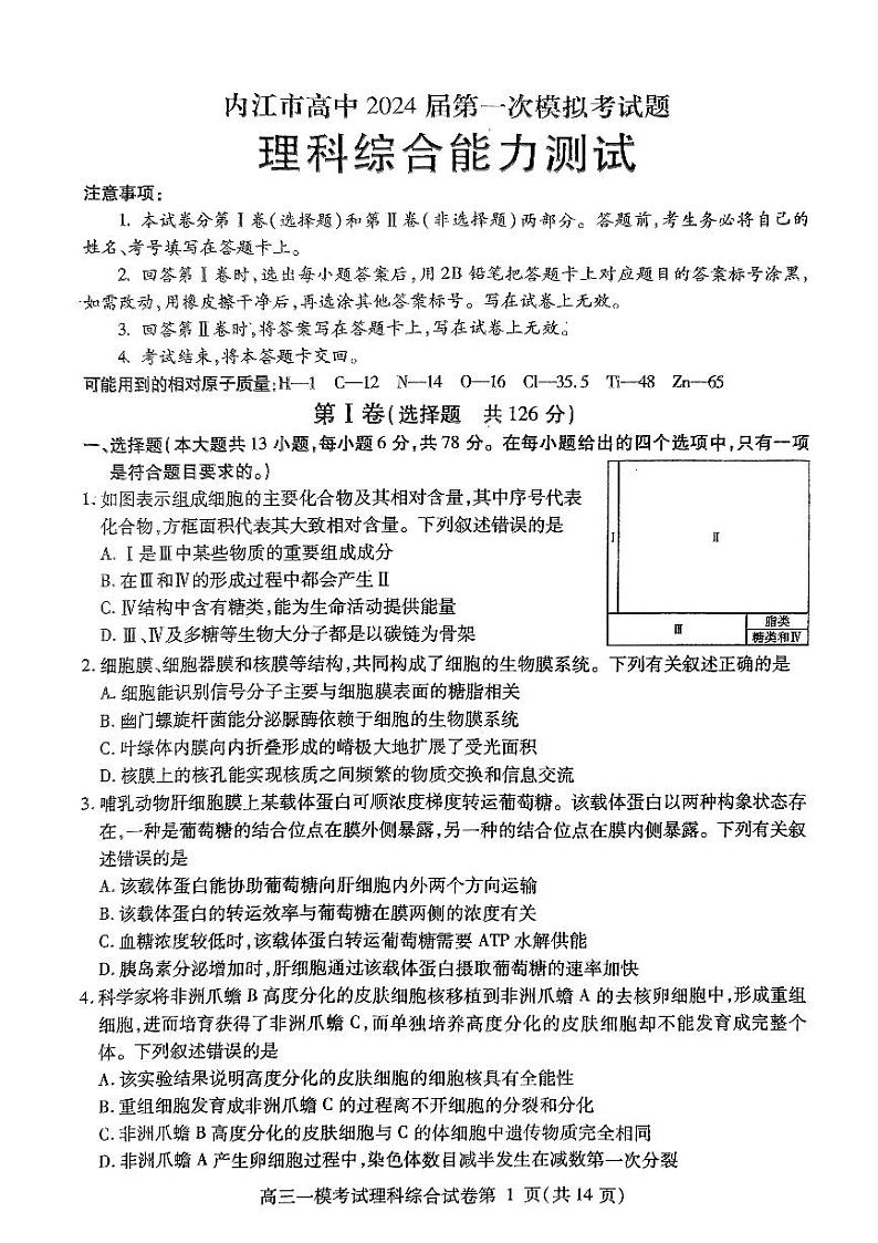 2024届四川省内江市高中高三上学期第一次模拟考试理科综合试题及答案01