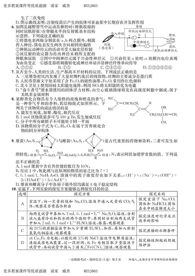 2024届四川省成都市石室中学高三上学期一诊模拟考试理科综合试卷02