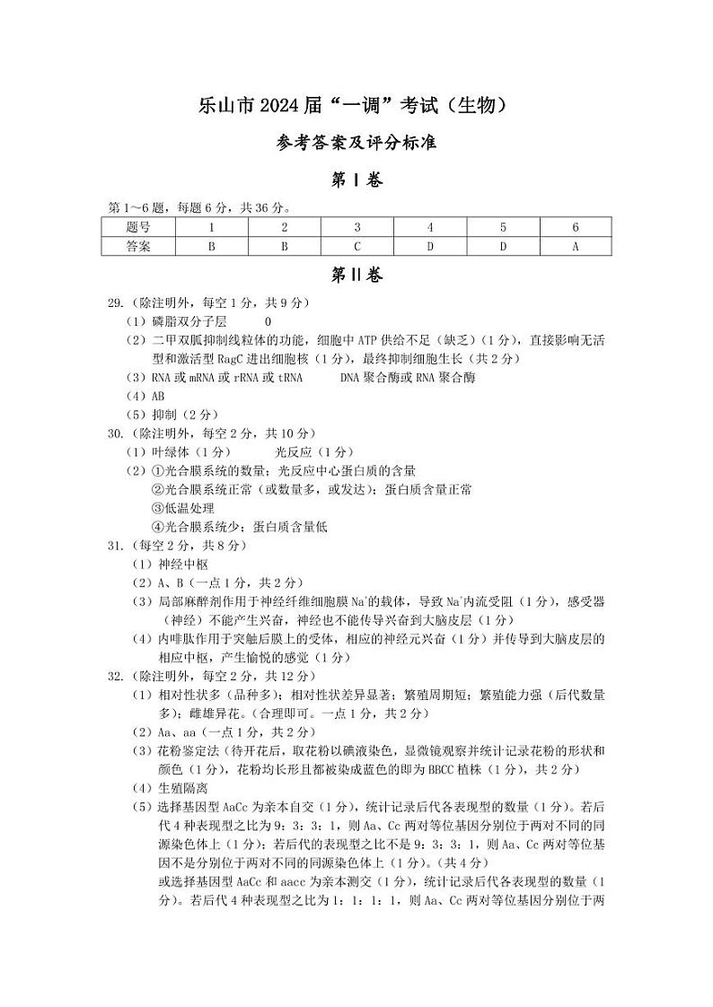 2024届四川省乐山市高三上学期第一次调研考试 理科综合试题及答案03