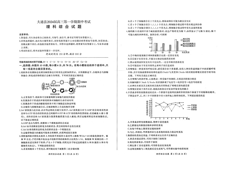 青海省西宁市大通回族土族自治县2023-2024学年高三上学期期中考试理综试题第1页