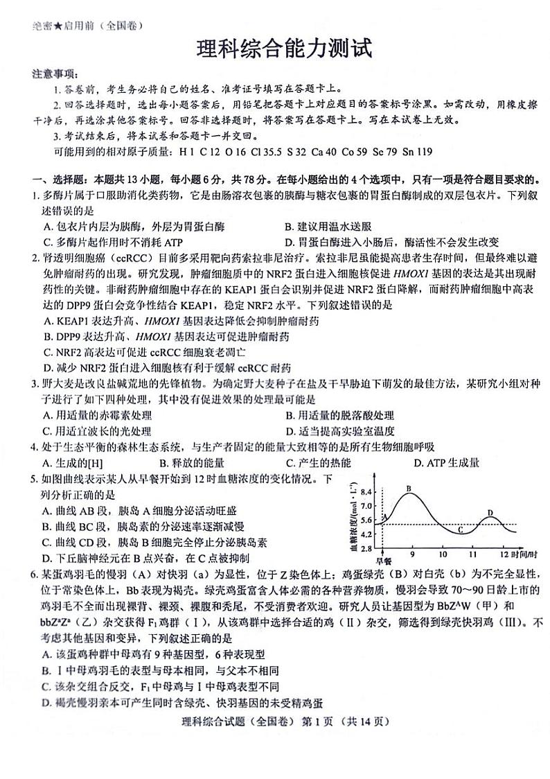名校教研联盟2023-2024学年高三上学期12月联考（全国卷）理综第1页