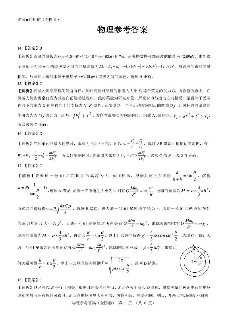 【全国卷】物理参考答案第1页