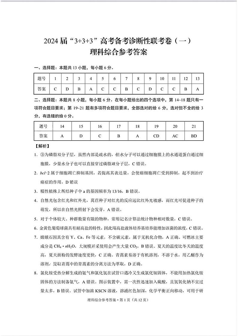 2024届云南省“3+3+3”高考备考诊断性联考（一）理综试题01